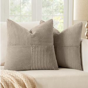 MIULEE Light Brown Decorative Throw Pillow Covers 20x20 Inch for Couch Bed Sofa Pack of 2 Boho Neutral Farmhouse Throw Pillows Soft Cross Corduroy Patchwork Textured Cushion Cases