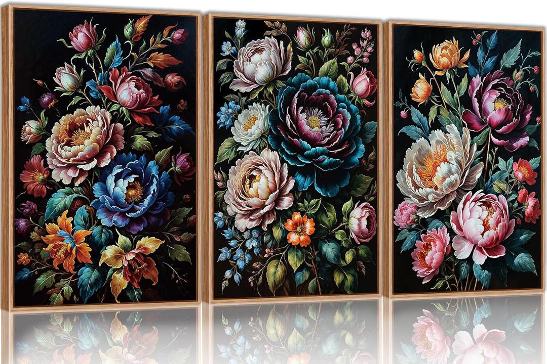 SIKERIC Dark Black Moody Floral Wall Art, Vintage Colourful Flower Framed Canvas Art Prints Set of 3, Large Botanical Art Paintings, Nature Peony Wall Decor for Living Room, Bedroom, Office-16X24 inch 