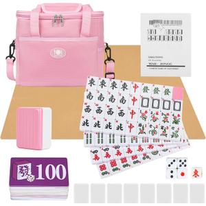 Chinese Mahjong Game Set, 144 Numbered Melamine 1.42" Size Tiles(Pink) and 8 Blank Tiles, with Pink Carrying Travel Bag, English Instruction, Pro Complete Mahjong Game Set