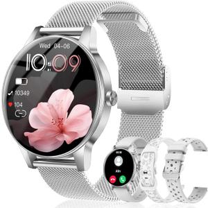 Smart Watch for Women, Answer/Make Call,1.27'' Touchscreen, 120+ Sports Modes Fitness Tracker, 24H Heart Rate/SpO2/Sleep/Menstrual Cycle/IP68 Fitness Watch for Android iOS, 4 Straps (Silver)