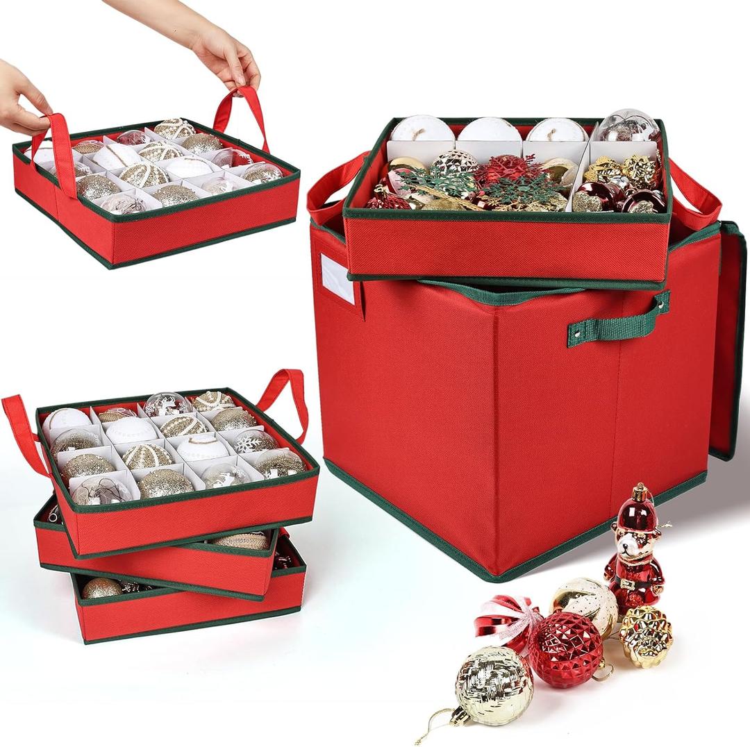 Christmas Ornament Storage Box High Capacity Decoration Organizer Holds Up to 64 Ornaments Decoration Balls Holiday Storage Case with Lid Large Foldable Storage Case for Sundries or Clothes (Red)