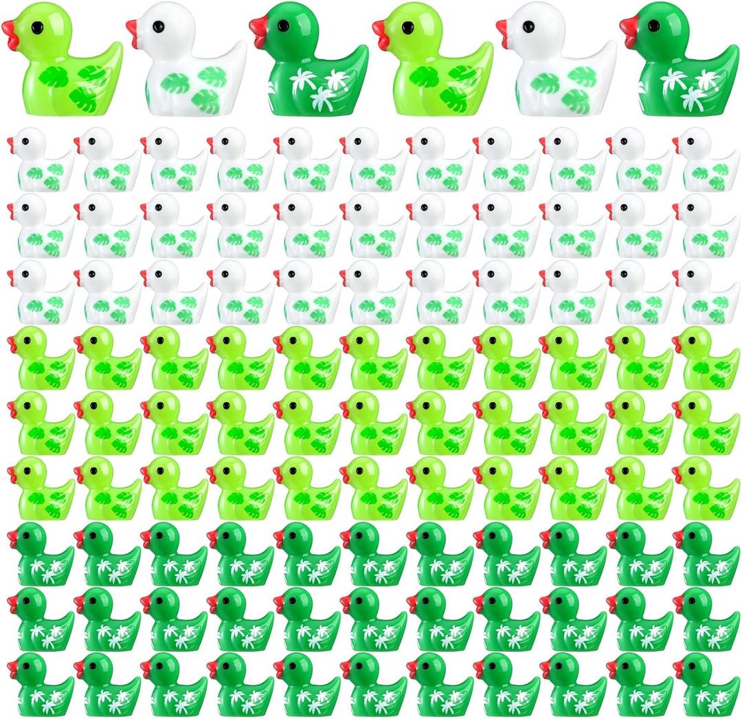 100 Pcs Summer Mini Resin Ducks Hawaiian Leaf Mini Ducks Bulk to Hide Coconut Palm Miniature Figurines to Hide for Micro Landscape for Garden Aquarium Potted Dollhouse Decor Ornament