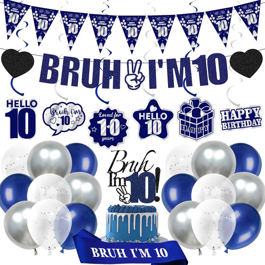 10th Birthday Decorations Banner Boys - 28 Pcs Blue Bruh I'M 10 Pre-Strung Banners Hanging Swirls Latex Balloons Sash Cake Topper Set for Kids 10 Year Old Boy Party Decor Supplies