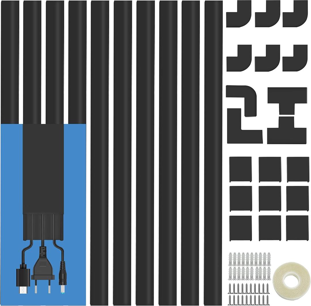 Cord Cover Raceway Kit - 157" Cable Concealer, Wire Hider for TV Wall Mounting and Wire Management, Black (Medium)