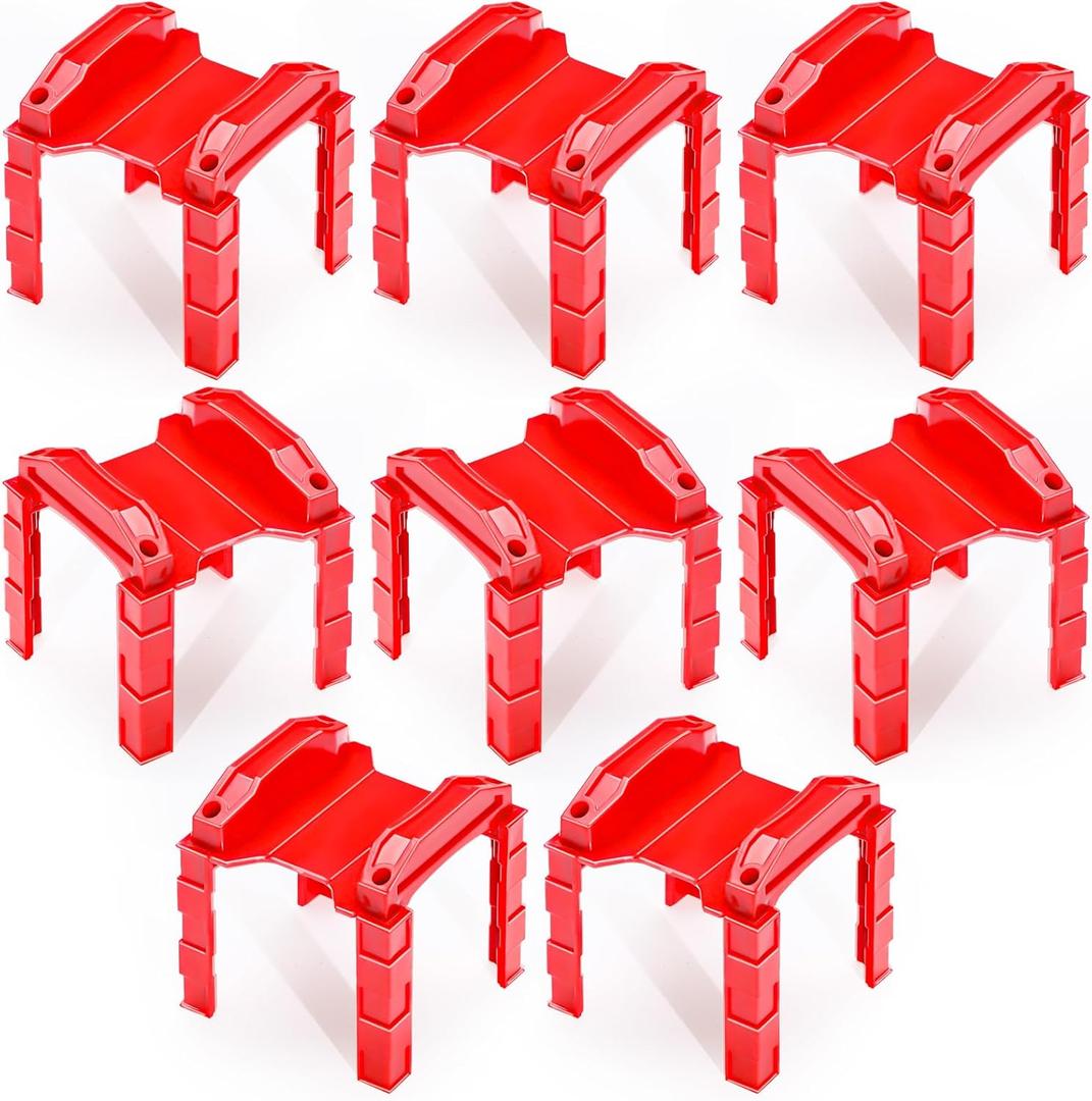 Hiboom 8 Pcs Wooden Train Track Riser Red Plastic Train Bridge Plastic Train Track Accessories Multi Level Support Risers Stackable Track Riser Support Risers