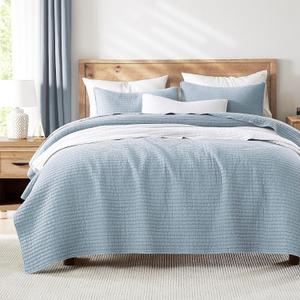 WDCOZY Blue King Size Quilt Set, Muslin Cotton Shell Down-Alt Poly Filling, Shabby Chic Rustic Farmhouse Country Bedspread, Textured Gauze Coverlet, Soft Lightweight Bedding, All Season, 2 Shams