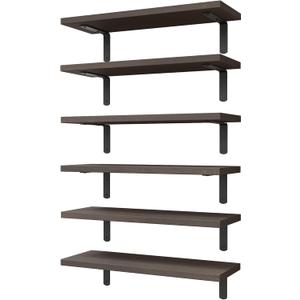 WOPITUES Wood Floating Shelves Set of 6, Shelves for Wall Decor, Farmhouse Shelf for Bedroom, Bathroom Storage Shelves, Book Shelves for Living Room, Dark Brown (16.5 Inch)