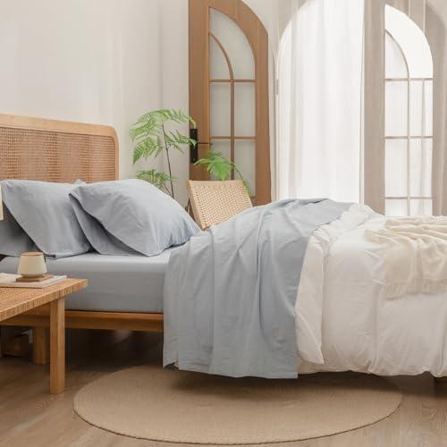 BESTOUCH Sheet Set 100% Washed Cotton Linen Feel Super Soft Comfortable Chic Lightweight 4 Pcs Home Bedding Set Solid Cornflower Blue Twin 