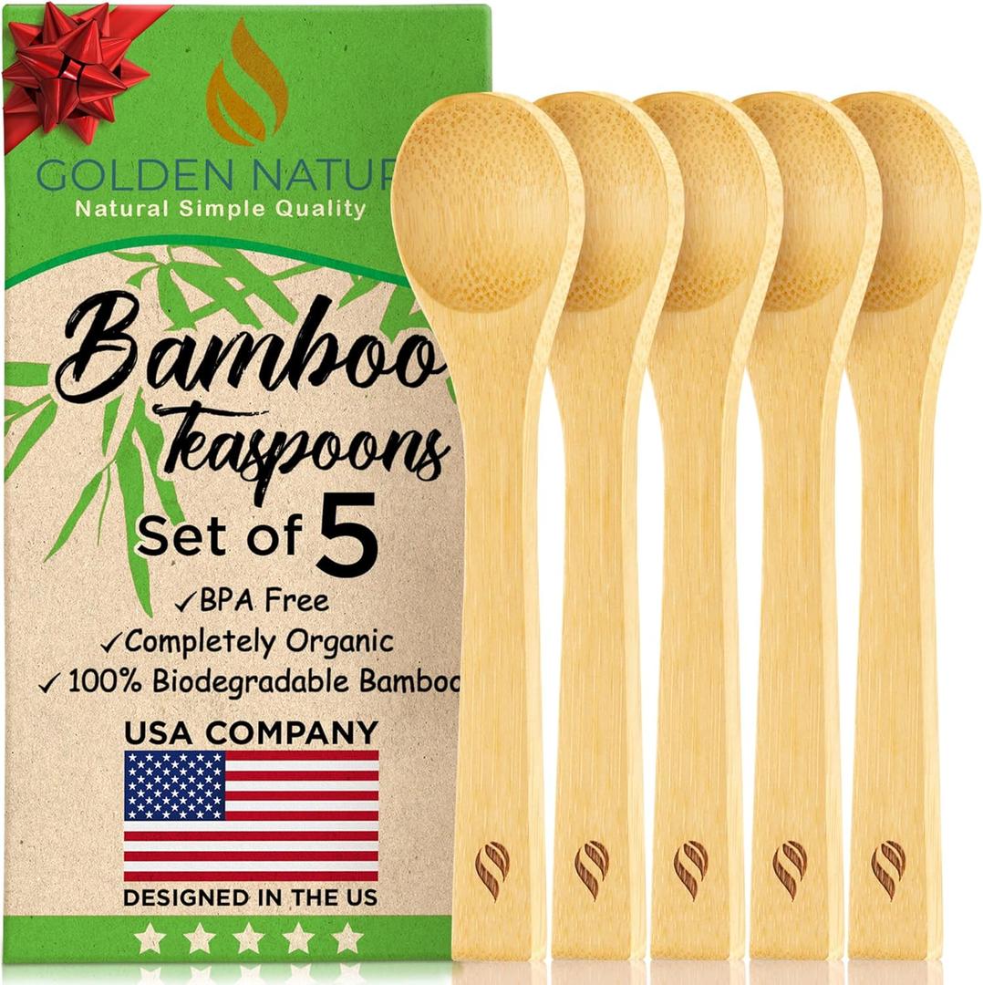 Bamboo Spoon Set (5 Pc), Small Kitchen Teaspoons, Tiny Wooden Spoons Perfect for Sugar, Spices, Seasoning, Coffee, Jam, Herbs, Honey & Dessert