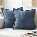MIULEE Blue Corduroy Pillow Covers 18x18 Inch with Splicing Set of 2 Soft Boho Striped Pillow Covers Broadside Decorative Textured Summer Coastal Pillowcases for Couch Cushion Bed Livingroom