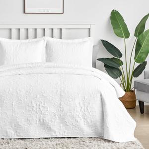 Hansleep White Quilt King Size - Damask Ultrasonic All Season Bedspread King, Soft Lightweight Coverlet Bedding Set, 3 Piece (1 Quilt, 2 Pillow Shams)