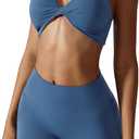 ABOCIW Workout Sets for Women 2 Piece Twist Front Halter Sports Bras High Waist Biker Shorts Exercise Gym Yoga Outfit (Blue, S)