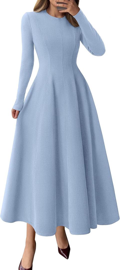 PRETTYGARDEN Cocktail Dresses for Women 2026 Elegant Classy Fall Long Sleeve Midi A Line Flowy Modest Winter Party Dress, Light Blue, X-Large