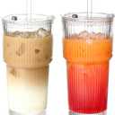 20OZ Glass Tumbler with Straw and Lid, Glass Cups with Lids and Straws,2PCS Ribbed Iced Coffee Cups Vintage Glassware for Juice Whiskey Cocktail Beer