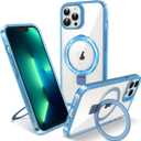 Flyzoo Magnetic Case for iPhone 13 Pro Max - [Built-in Invisible Stand] [Compatible with MagSafe] [Military Grade Drop Protection] Anti-Yellowing Hard Back Silicone Edge Cover, 6.7", Clear Blue