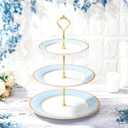 CHENGU 3 Tier Cupcake Stand Blue Ceramic with Gold Frame, 10" 9" 7" Dessert Tower for Baby Shower Birthday Wedding Tea Party, Tiered Cake Holder Display for Cupcakes Pastries Fruits