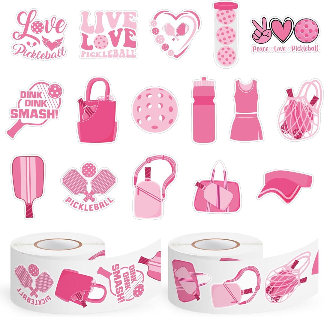 2 x Pink Pickleball Roll Stickers - 1000Pcs Aesthetic Pickleball Paddle Waterproof Vinyl Stcikers for Kids Women, Sports Ball Aesthetic Decals for Water Bottles Laptop Laptop Party Gifts Events