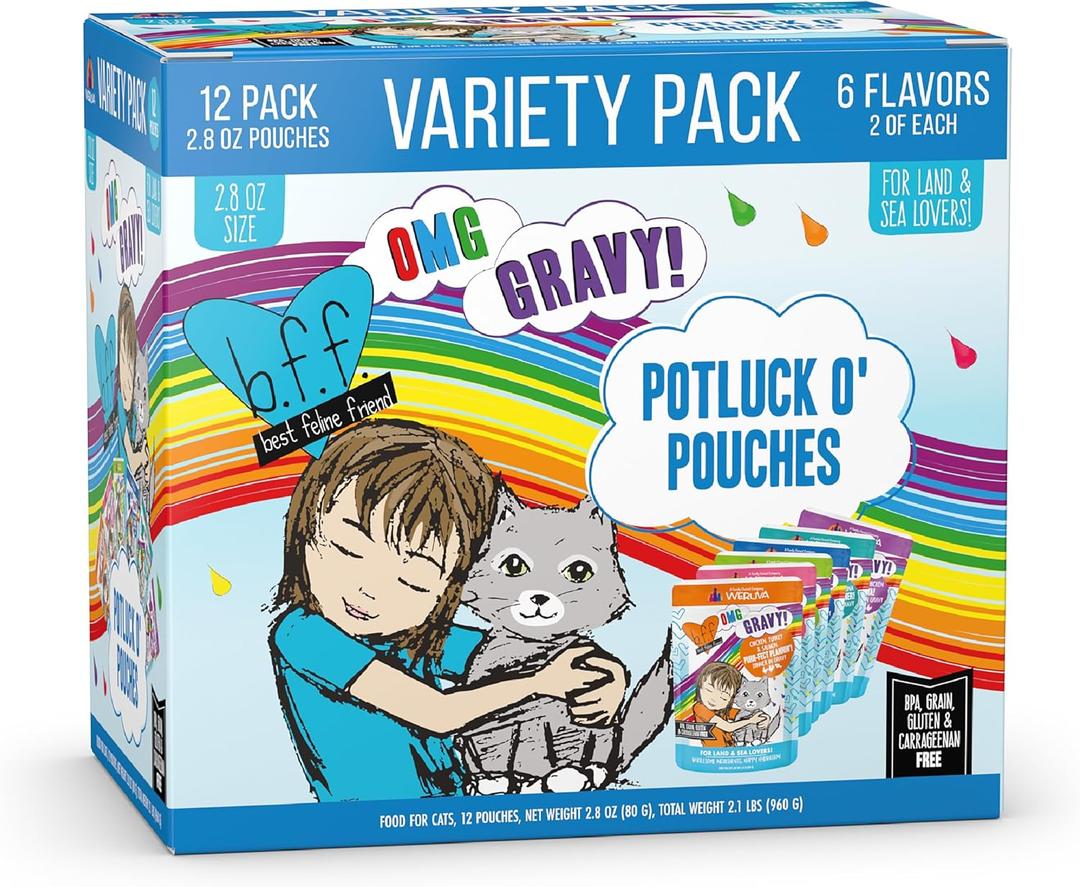 Weruva B.F.F. OMG - Best Feline Friend Oh My Gravy!, Variety Pack, Potluck O' Pouches, Wet Cat Food, 2.8Oz Pouches (Pack of 12) (EXP 11/18/28)