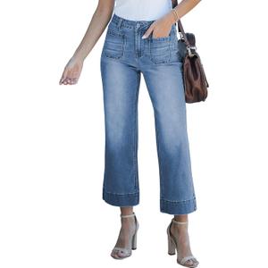 luvamia Wide Leg Jeans for Women Trendy High Waisted Flare Jeans Cropped Denim Pants Stretchy Baggy with Patch Pockets (Small, Blue Tides)