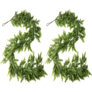 AONEGOLD 2PCS Christmas Garland with Hangers 6FT Green Faux Cedar Pine Norfolk Garland for Fireplace Mantel Door Frame Home Holiday Party Decor, Realistic Artificial Christmas Wreath Decorations
