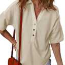 Dokotoo Womens Summer Shirts Casual Short Sleeve 1/4 Button Solid Collar Neck Curved Hem Pullover Sweatshirts Tops (Beige, S)