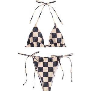 ZAFUL Womens Printed Triangle Bikinis 2 Piece Halter Bikini Sets High Cut Bathing Suit Side Tie Swimsuits (Medium, 0-black-plaid)