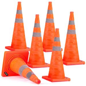 BATTIFE 6 Pack 28 Inch Collapsible Traffic Cones, Orange Safety Cones | Collapsible 28-in orange cones with reflective collar; portable for parking lots, driving practice, events, and storage.