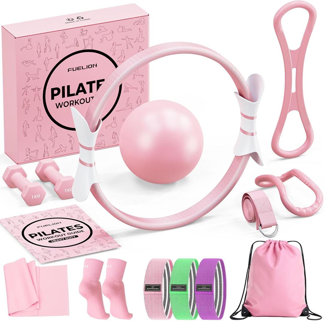 Pilates Ring Set for Women, Home Workout Pilates Equipment with Resistance Bands, 14'' Magic Circle, Mini Ball, Pilates Starter Kit for Strength, Toning and Flexibility (Large-Level3, Pink)