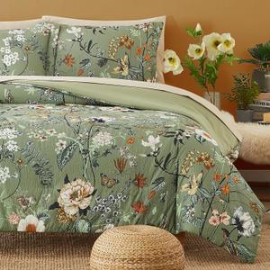CASAAGUSTO Queen Comforter Set, 7 PCS Green Butterfly Floral Comforter Set with Flowers Leaves Pattern, Soft Seersucker Design All Season Queen Size Bedding Set(90"X90")