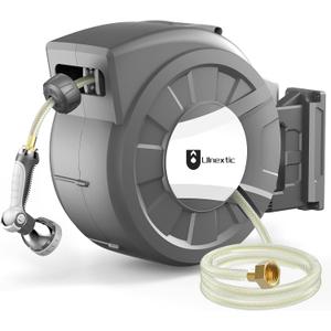 Retractable Garden Hose Reel, 1/2 in x 125 ft Wall Mounted Hose Reel, 10-Pattern Spray Nozzle, Any Length Lock/Slow Return System/Wall Mounted/180° Swivel Bracket