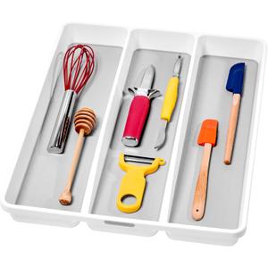 madesmart 3 Compartment Premium Utensil Tray, Multi Purpose Storage Organizer, Non Slip Lining, Deep Storage for Ladles, Whisks & Serving Tools, for Drawers & Home Organization, White