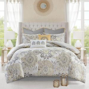 Madison Park Reversible Cotton Comforter Set, All Season Bedding, Matching Bed Skirt, Decorative Pillows, Queen(90"x90"), Isla, Floral Medallion Yellow 8 Piece