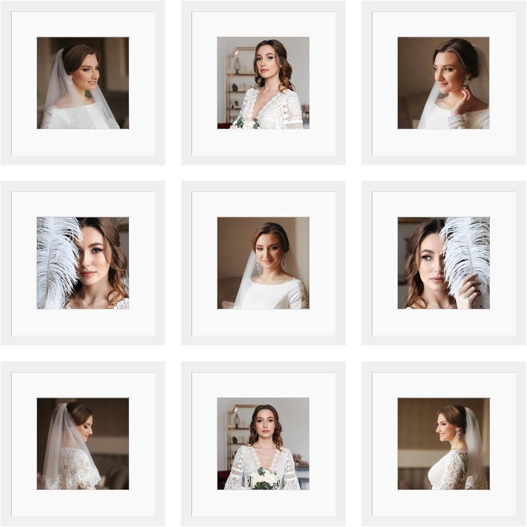 12x12 Picture Frame Set of 9, Display Pictures 8x8 with Mat or 12x12 without Mat, Multi Collage Gallery Square Photo Frames for Wall or Tabletop, White