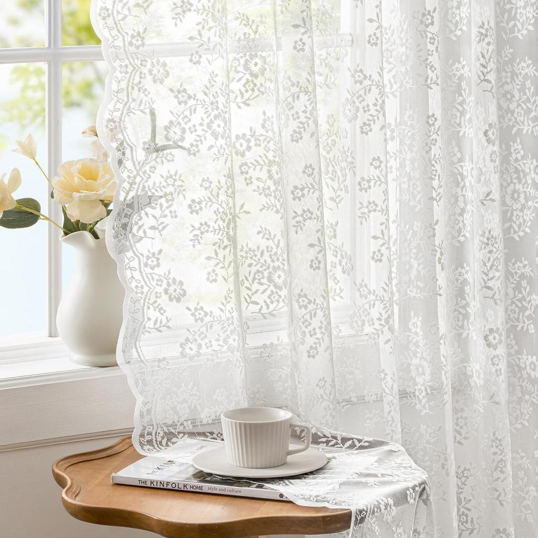 White Lace Curtains 63 Inches Long with Vintage Floral and Branch Pattern, Elegant Romantic Sheer Light Filtering Lacy Drapes for Living Room Bedroom, 52 x 63 Inch, Set of 2 Panels