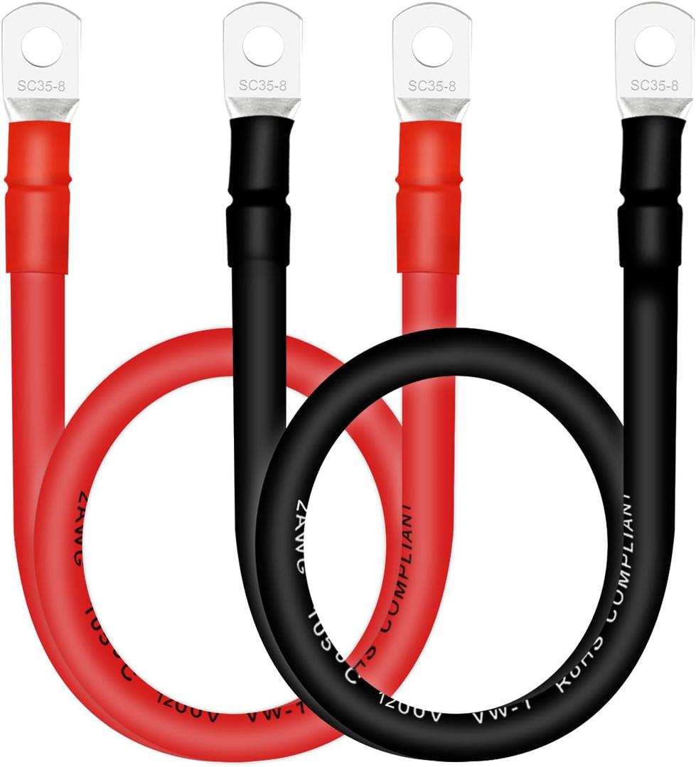 2 AWG Battery Cables with Terminals, 2PCS Copper Battery Cables with 5/16 ring terminals(Positive & Negative,2FT).