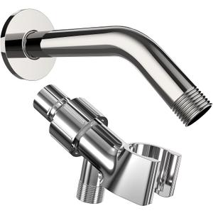 Shower Head Connector Adapter: Adjustable Handheld Showerhead Holder & 6 Inch Extension Pipe Arm - Brass Ball Joint, 360 Rotation, Universal Mount Bracket (Chrome)