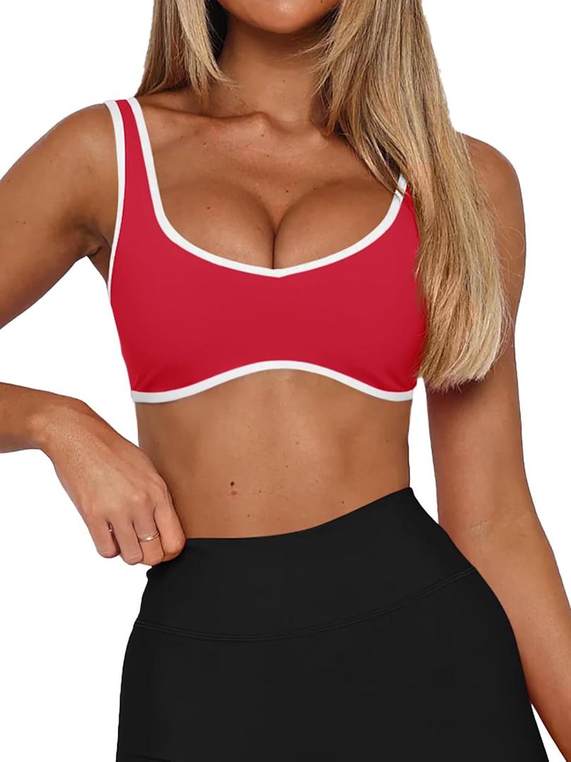 LASLULU Sexy Sports Bras for Women V Neck Sleeveless Padded Bra Workout Yoga Crop Top (Red, XL)