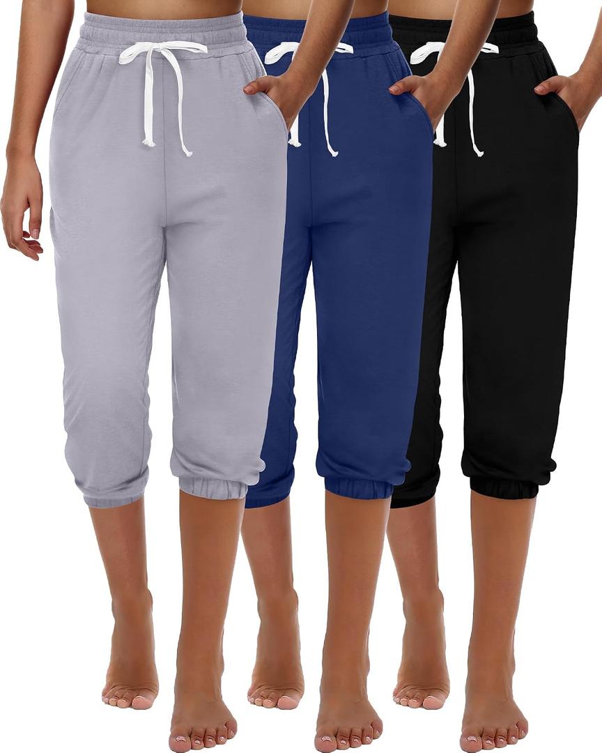 Ficerd 3 Pcs Women's Capri Sweatpants Joggers Summer Casual Sports Cropped Lounge Pants High Waisted Athletic with Pockets (Black, M)