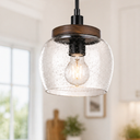 1 Light Hanging Kitchen Island Pendant Light 7.3" Clear Drum Seeded Glass Indoor Natural Wood Pendant Ceiling Light Fixtures,Black Brushed Bronze Finish Modern Farmhouse Dinning Over Sink