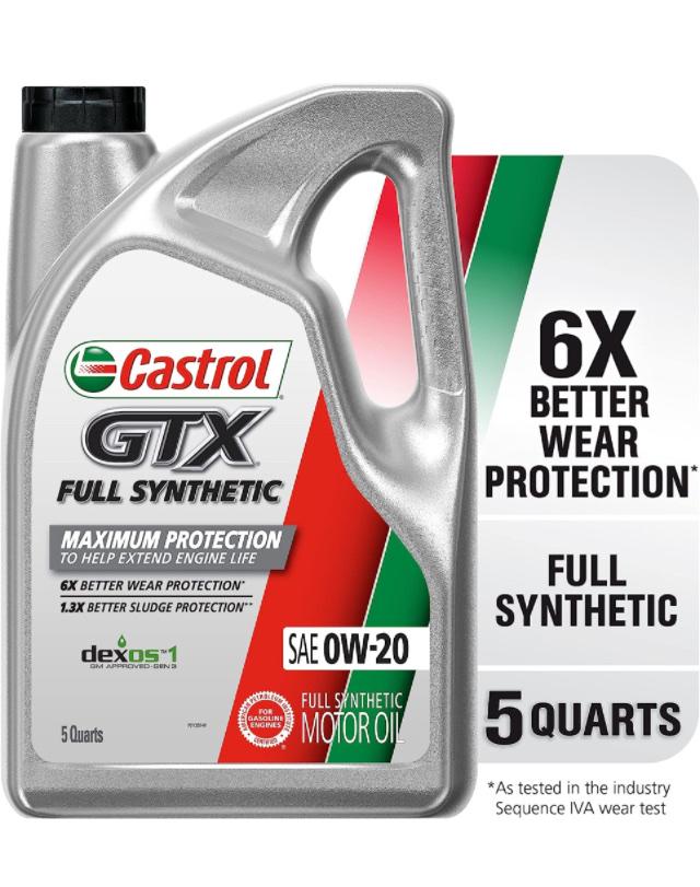 Castrol GTX Full Synthetic 0W-20 Motor Oil, 5 Quarts