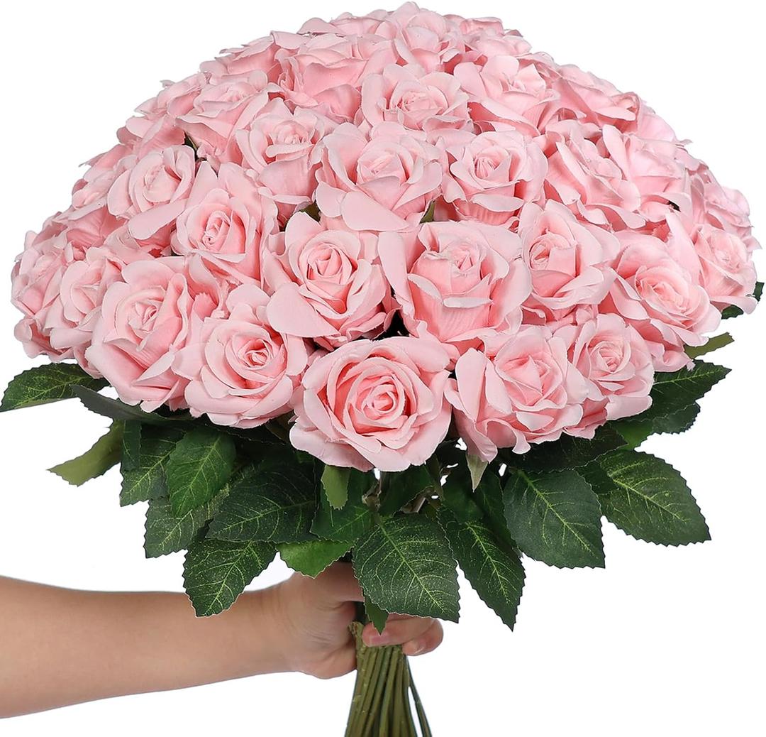YXZZWL 60 Pcs Artificial Roses in Bulk, Fake Silk Roses Realistic Roses Stem Faux Roses Bouquet for Wedding Centerpieces Flower Arrangement Home Decor (Pink)