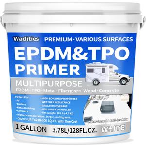 EPDM and TPO Primer White, Multi-Purpose RV Roof Primer, Use on Rubber, Wood, Fiberglass, Concrete, Metal, High-Performance Basecoat for RV, Camper and Trailer Roof Protection - 1 Gallon