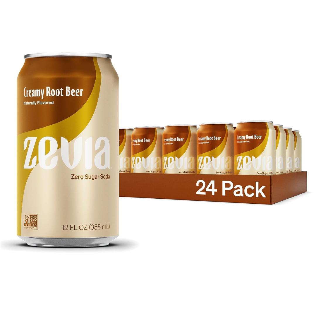 Zevia Zero Sugar Soda, Creamy Root Beer, 12 oz Cans (24-Pack)  Naturally Sweetened, Non-GMO Project Verified, Gluten-Free, Vegan