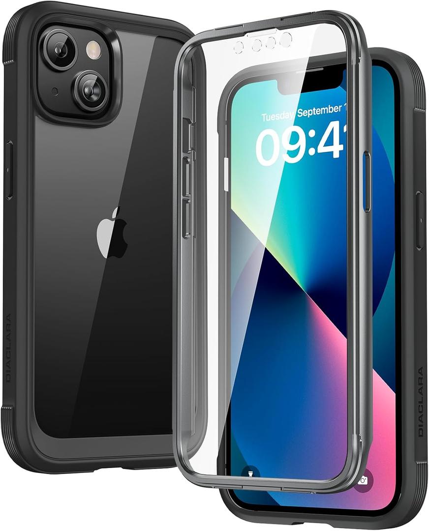 Diaclara Designed for iPhone 13 Case, Full Body Rugged with Built-in Touch Sensitive Anti-Scratch Screen Protector, Soft TPU Bumper Case for iPhone 13 6.1" (Black and Clear)