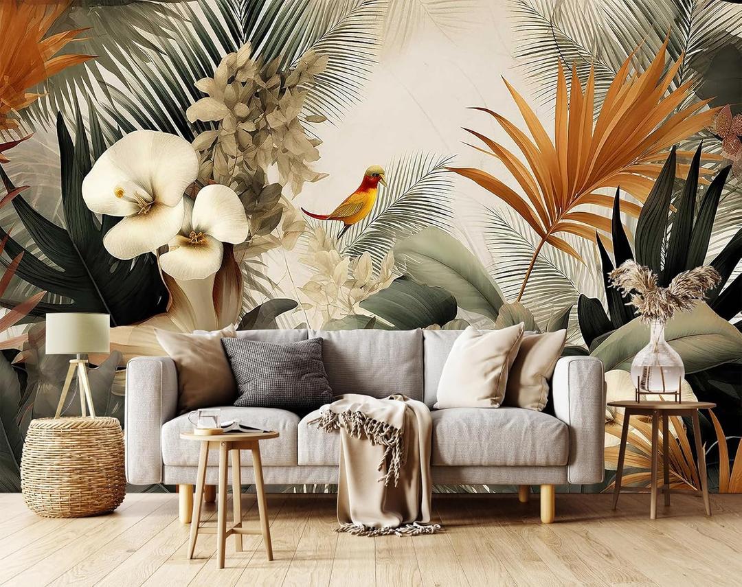 Flower Series Mural Colorful Leaves Seamless Wall Mural, Birds Resting on Flowers Wallpaper for Bedroom, Living Room, Bathroom Background Wall DecorationNon-self-Adhesive (127" x 77") Flower Series Mural Colorful Leaves Seamless Wall Mural, Birds Resting on Flowers Wallpaper for Bedroom, Living Room, Bathroom Background Wall DecorationNon-self-Adhesive (127" x 77")