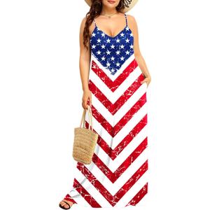 Pinup Fashion Women's Summer Maxi Dress Plus Size Sleeveless Spaghetti Strap Beach Long Dresses (American Flag)