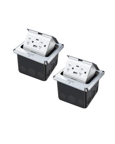 JACEPFY Floor Pop Up Outlet, Pop Up Waterproof Floor Electrical Box with 4.8A USB Chargers and 2 Outlet Receptacle Stainless Steel Cover (Type-C Silver 2pack)
