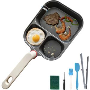 Titanium Non-Stick Divided Egg Frying Pan, 3-Section Breakfast Pan with Heat-Resistant Handle, 9.25 Inch, Compatible with All Stovetops, PFOA/PTFE Free, Recyclable Box (Deepened)