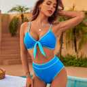 Blooming Jelly Womens High Waisted Bikini Set Tie Knot High Rise Two Piece Swimsuits Bathing Suits (Blue, L)
