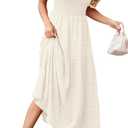 dowerme Womens Summer Dresses 2026 Casual Puff Short Sleeve Crewneck Smocked Flowy Ruffle Boho Beach Party Maxi Sundress (Large, Beige)